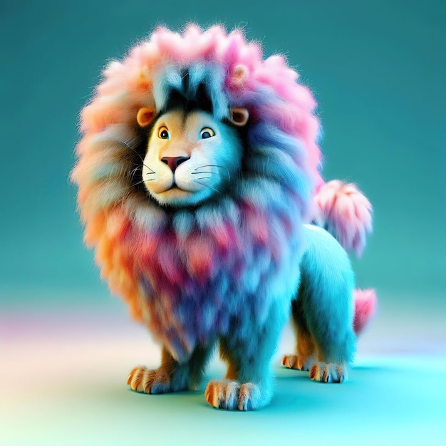 Un león colorido con una melena azul y una melena rosa.