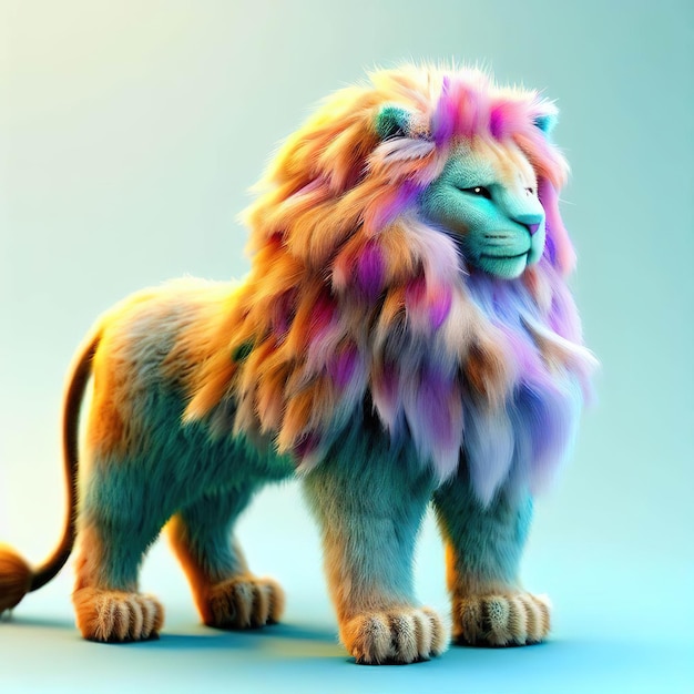 Un león colorido con una melena azul.