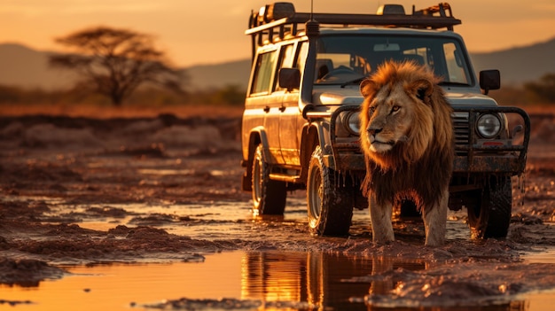 León contra un SUV de safari en la sabana del Parque Nacional de Etosha en Namibia