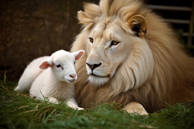 Un león y un cordero yacen juntos en un zoológico.