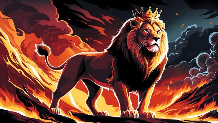 un león con una corona en la cabeza está de pie en un fuego