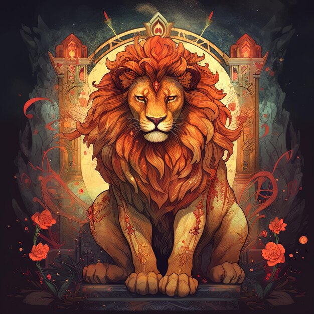 un león con una corona de flores en la cabeza