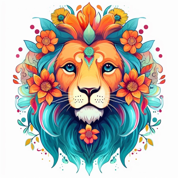 Foto un león con una corona de flores en su cabeza ai generative
