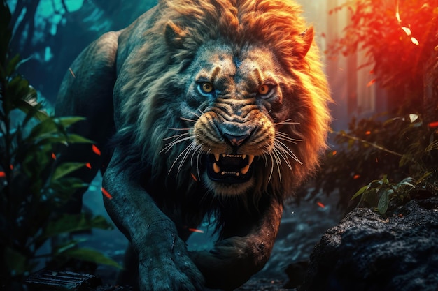 león corriendo en la jungla