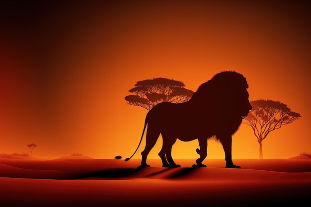 Un león en el desierto con un árbol al fondo.