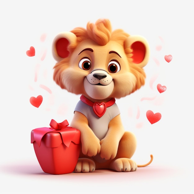 León de dibujos animados con feliz día de San Valentín corazón rojo y caja de regalo