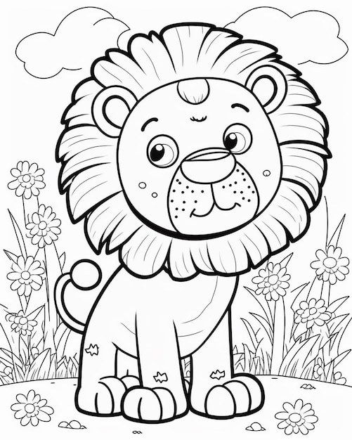 Un león de dibujos animados sentado en la hierba con flores generativas ai