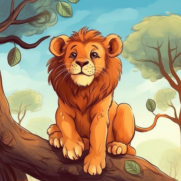 León divertido en la naturaleza salvaje Ilustración animal de dibujos animados dibujados ai generativo