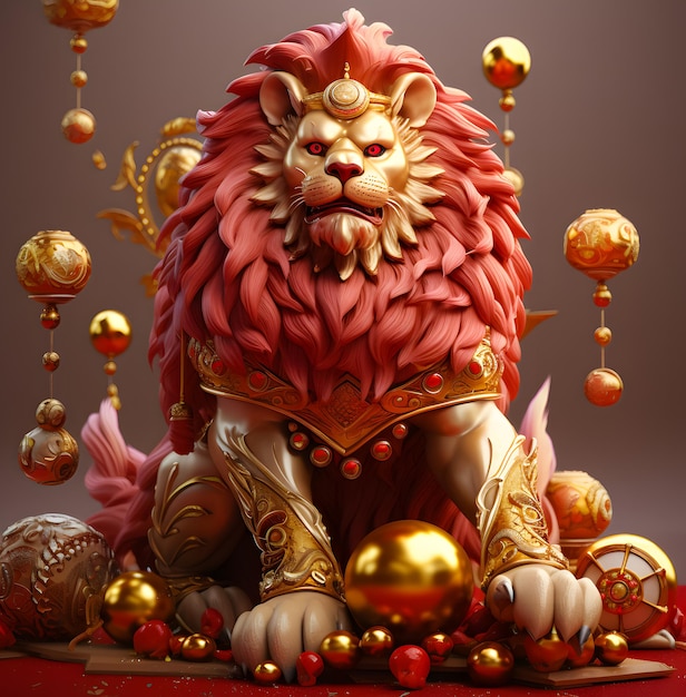 León dorado con decoración de Año Nuevo Chino zodiaco chino