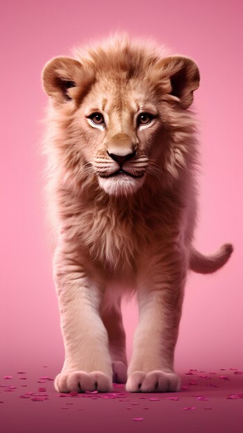 Foto león se encuentra fondo rosa cinematográfico súper calidad 4k