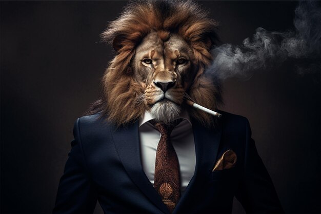Foto el león es un hombre de negocios que fuma.