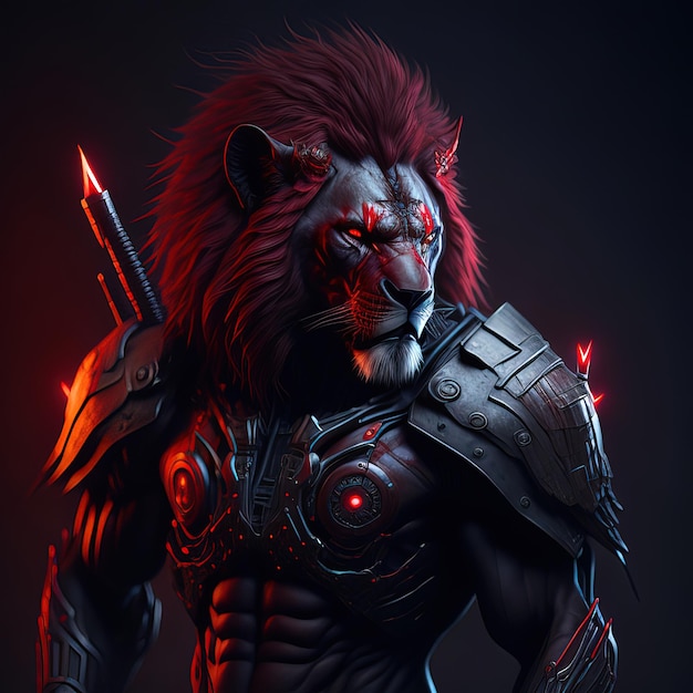 Un león con una espada y una melena roja se encuentra en un fondo oscuro.