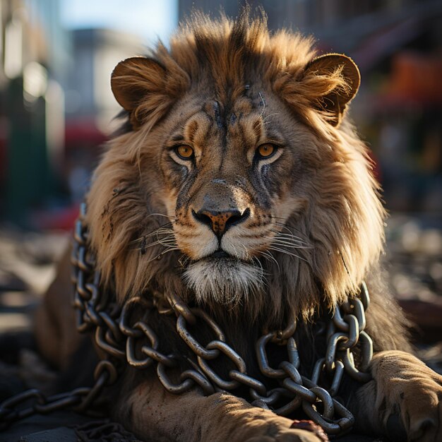 El león está atado en cadenas.