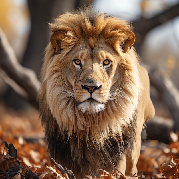 un león está caminando por el bosque con hojas