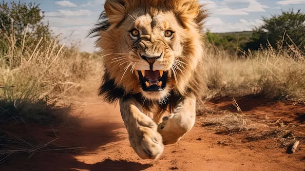 Un león está corriendo por un camino de tierra