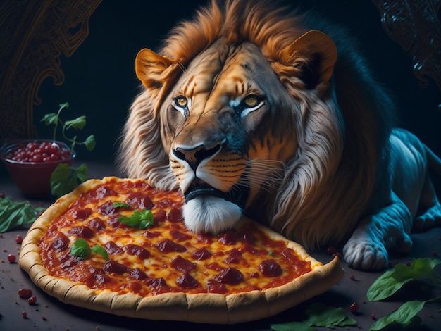 El león está custodiando una pizza grande y sabrosa generada por IA
