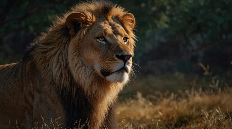 un león está de pie en la hierba y mirando a la cámara