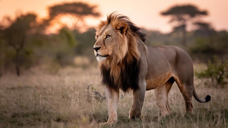 un león está de pie en la hierba con el sol poniéndose detrás de él