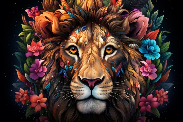 el león está rodeado de flores coloridas sobre un fondo negro