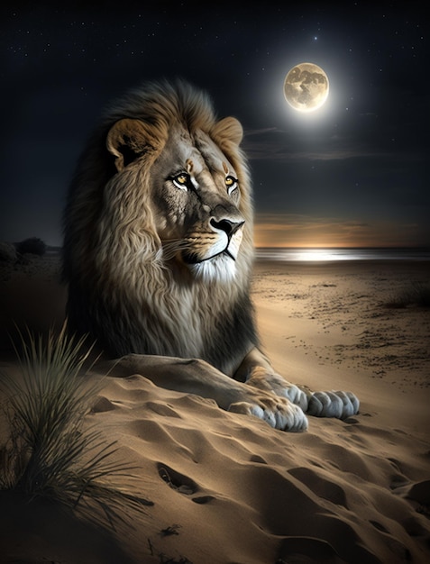 Un león está sentado en la arena por la noche.