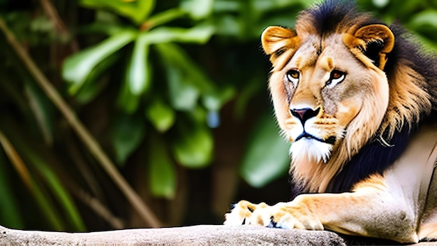 Un león está sentado en una rama.