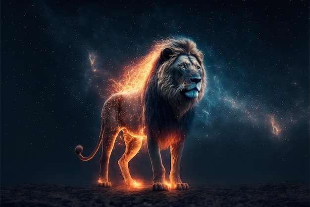 León fantástico en el fondo del cielo estrellado Arte digital