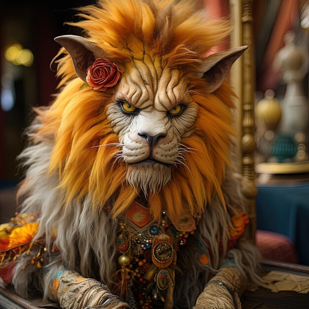 un león con una flor en la cabeza se sienta en una mesa