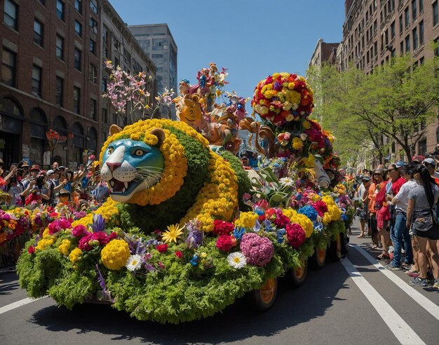 un león flota con flores en la calle