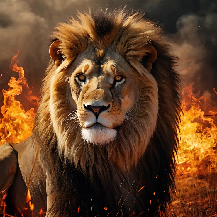 un león con un fondo negro y un fuego en el fondo