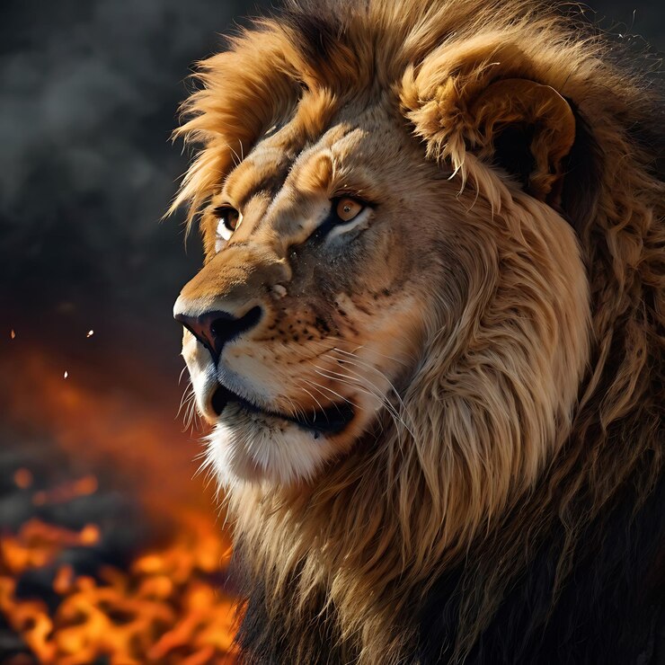 un león con un fondo negro y un fuego en el fondo