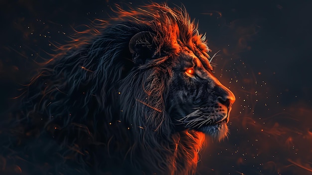 León de fuego Un majestuoso león con una melena ardiente se alza contra un fondo oscuro