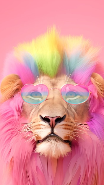 Foto un león con gafas de colores del arco iris y una cara en forma de corazón.