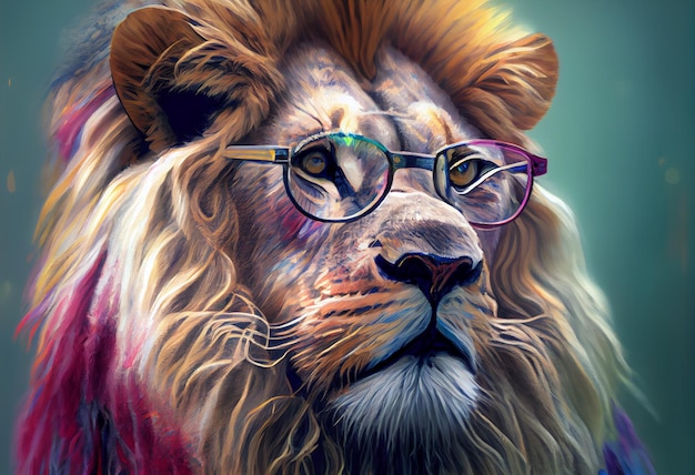 Un león con gafas y gafas de colores.