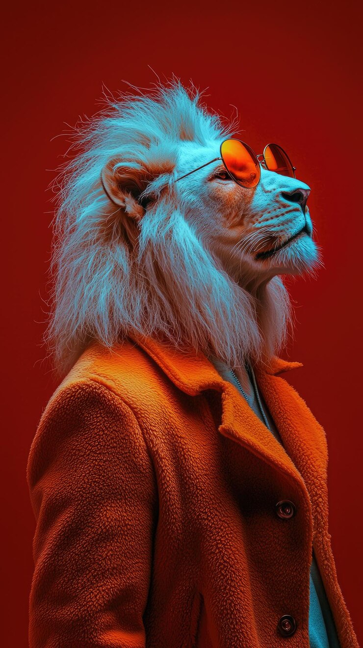 Un león con gafas de sol y un abrigo rojo Un elegante animal de invierno