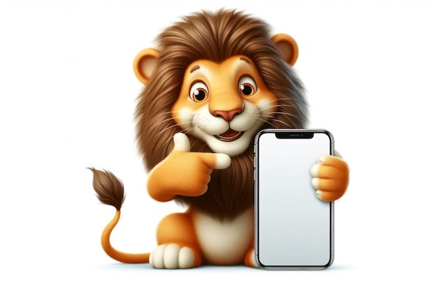 León gracioso apuntando a un teléfono inteligente con pantalla blanca sobre fondo blanco