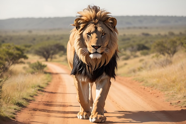 León con una gran melena está de pie.