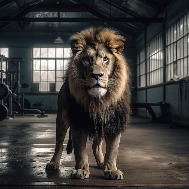 Un león se para en una habitación oscura con una gran ventana detrás de él.