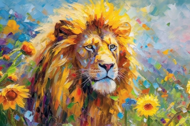 León hecho de pintura al óleo arte moderno con girasol IA generativa