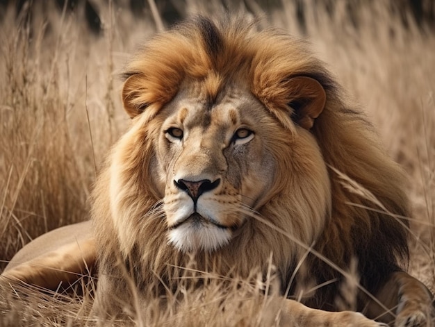 Un león en la hierba con un fondo negro.