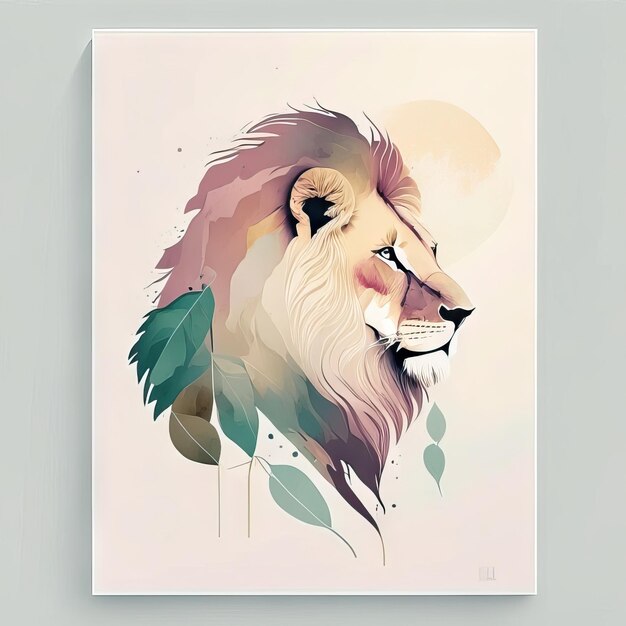 León en ilustración minimalista con colores suaves.