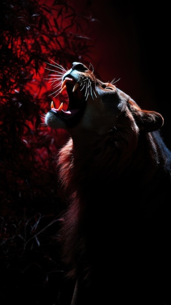 Foto un león joven en colores rojo, negro y blanco.