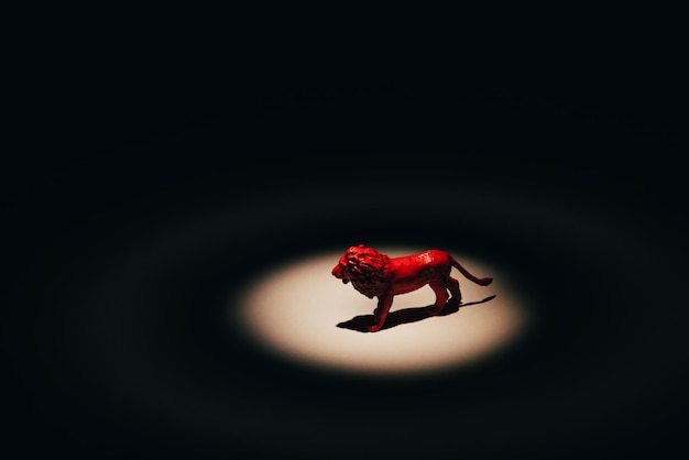 León de juguete rojo bajo foco sobre fondo negro