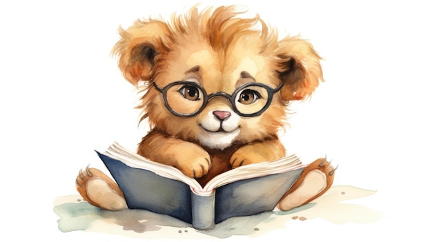 el león juguetón kawaii leyendo libro acuarela niños dibujando