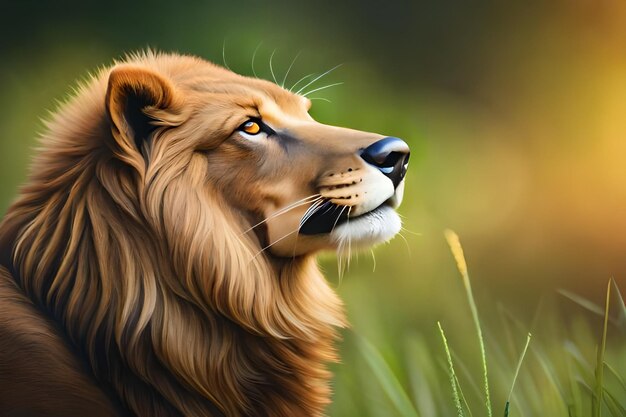 un león con una larga melena de pie en la hierba