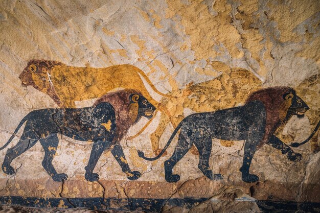 un león y un león en una pared con la palabra león en él