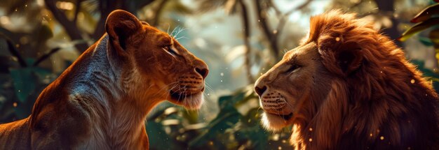 Foto un león y una leona enamorados se admiran en un safari paradisíaco ia generativa