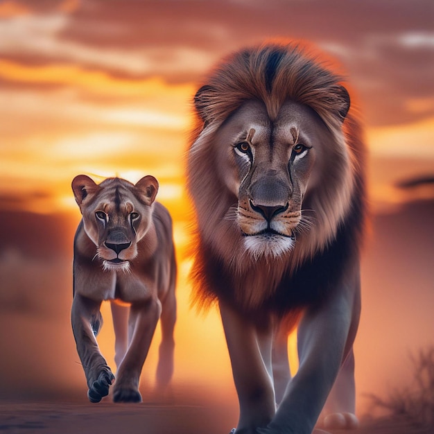 León y leona en la naturaleza al atardecer