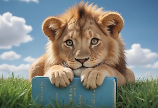 Foto un león con un libro sobre el cielo azul