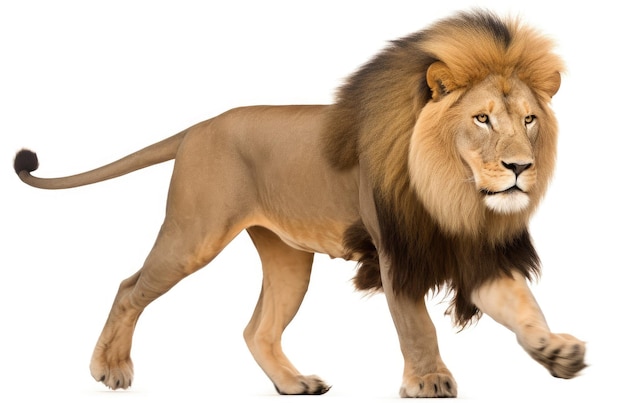 León macho adulto Panthera leo saltando con la boca abierta aislado en blanco