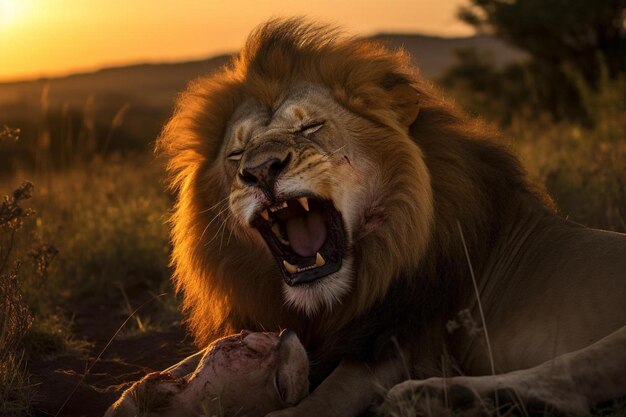 Foto un león macho es rechazado por una leona en el masai mara